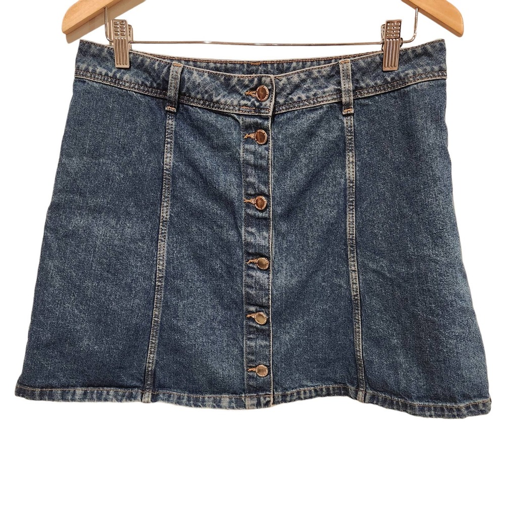 H&M Divided Button Front 100% Cotton Blue Denim Mini Skirt Size 10 90's Y2K